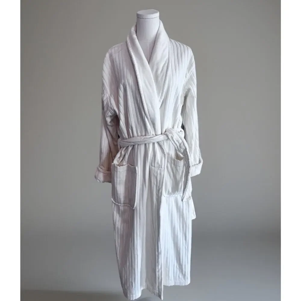 LAURA ASHLEY Robe Ivory Ribbed Belted Fluffy Long Sleeve OSFM 100% Cotton